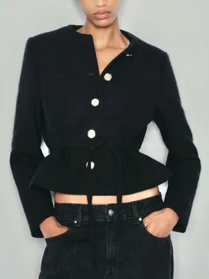 Zara NWT Textured Black tie Belted blazer cardigan Jacket with Gold Buttons thumbnail 2