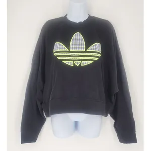 Adidas Trefoil Neon Gingham Logo Cropped Sweatshirt Black Women’s Size L thumbnail 8