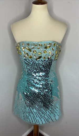 New‎ Sherri Hill Blue Beaded Sequined Strapless Mini Dress Sz 6 thumbnail 1