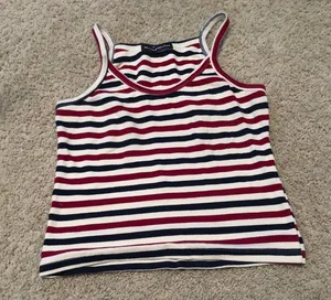 Brandy Melville Red, navy and off white striped top washed once thumbnail 1