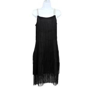 Black Flapper Fringe Dress Sz S Silver straps Party Gatsby Roaring 20s Tiered thumbnail 2