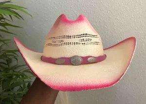 Vintage rare pink ombre western cowgirl/cowboy straw hat with silver tone hardware Size L thumbnail 1