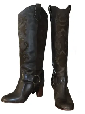 L.L. Bean Dark Brown Suede & Leather Western Style Heeled Calf High Boots (6.5) thumbnail 1