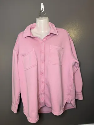 Aerie Shirt Womens XS Pink Terry Button Up Collared Long Sleeve Pocket Top thumbnail 1