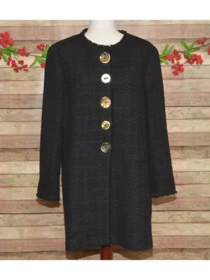Zara Woman Black Tweed Boucle Long Jacket Coat Size L Gold Statement Buttons thumbnail 2
