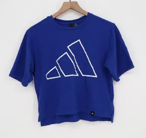 Adidas T-Shirt Womens Small Graphic Logo Blue Boxy Cropped Excellent thumbnail 1