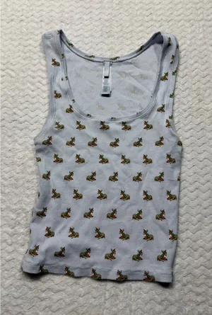 Skims Holiday Deer Ribbed Tank Top Light Blue Fawn Print Scoop Neck Womens M thumbnail 1