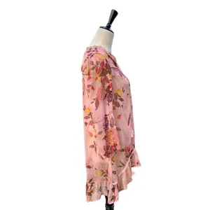 Buckle Boutique Boho Floral Sheer Tunic Top Size S |‎ Pink Lace Tassels Ruffle Hem thumbnail 5