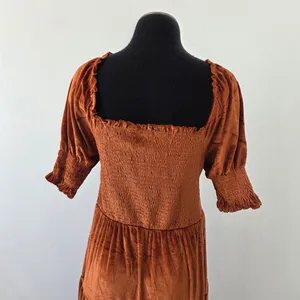 Burnt Orange Copper Velvet Maxi Dress Tiered Smocked Holiday Party Christmas M thumbnail 8