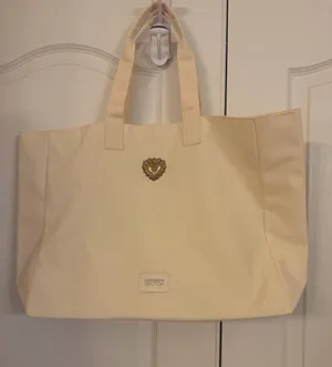 Cream Cosmetic Canvas light weight linen Tote bag with Gold Heart Emblem New! thumbnail 1