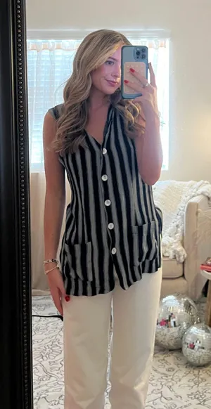 Sleeveless Striped Button Down Tank Multi thumbnail 1