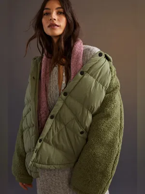 Anthropologie Pilcro Green Swing Puffer Jacket Sherpa Fleece Sleeve Coat Size S thumbnail 6