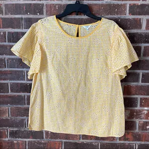Yellow Gingham Crown and Ivy Eyelet Short Sleeve Top thumbnail 1
