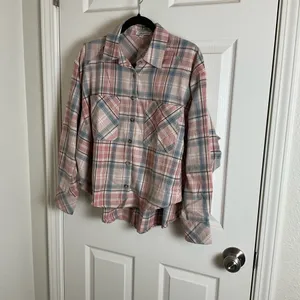 Oversized Plaid Flannel Shirt Button thumbnail 3