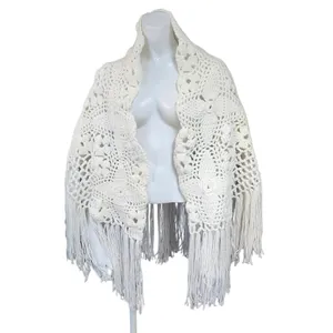 Hand Crafted Crotched Off White Fringed Hem Shawl thumbnail 2