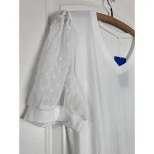 V Neck Short‎ Sleeve Puff Sleeve White Blouse Womans L Casual Loose Shirts thumbnail 2