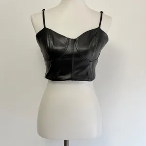 Express Body Contour Corset Top Medium Black Faux Leather Bustier Cropped Cai thumbnail 2