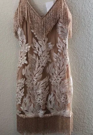 H:ours NWT Janisa Embellished Mini Dress in Rose-gold. thumbnail 5