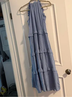 &merci Light Blue Ruffled Tiered Maxi Dress with Tie Neck thumbnail 4