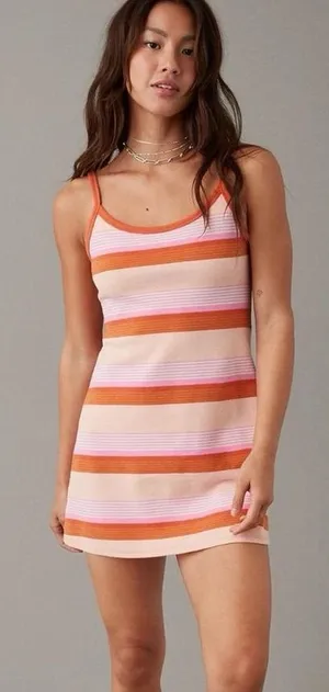 American Eagle knit cami mini dress orange pink striped print scoop a-line thumbnail 1