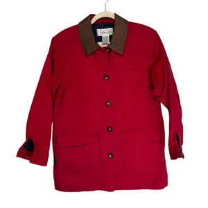 Talbots Red Cotton Barn Jacket Leather Collar Plaid Flannel Lined XS‎ thumbnail 2