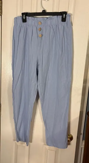 Como Vintage Paperbag Waist Linen Blend Button Fly Pants in Light Blue thumbnail 1