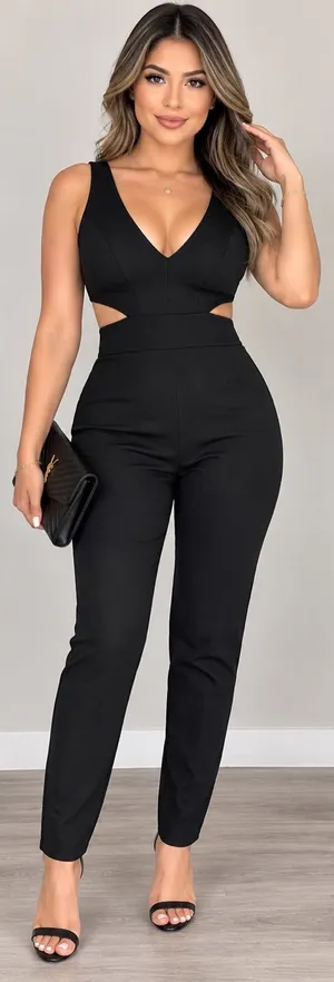 Rolla Coster Black Cutout Jumpsuit Gold Zip V-Neck Size S thumbnail 1