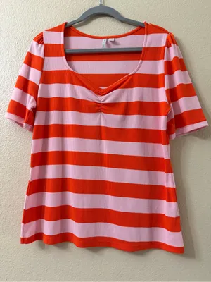 CATO Ribbed Striped Heart Neck Top Size L Pink Orange Puff Sleeve Stretch Knit thumbnail 1