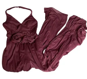 Azazie‎ Cabernet Burgundy Halter V-Neck Rosette Wide Leg Formal Jumpsuit A0 thumbnail 1
