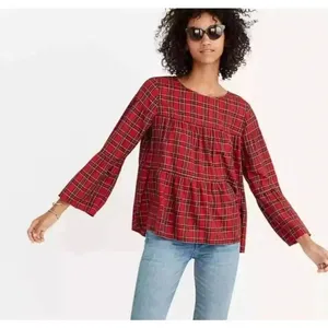 Madewell Red Plaid Clandon Viscose Tiered Button Back Baby Doll Top SZ S #2328 thumbnail 1