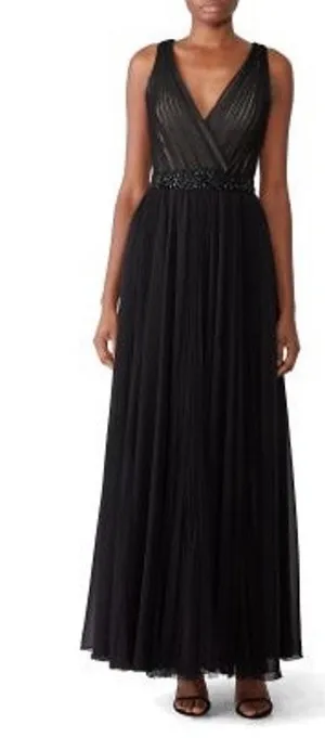 Badgley Mischka Black pleated Tulle Chiffon V-neck Gown size 2 thumbnail 1