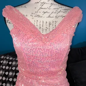 Lucy in the Sky Los Angeles Iridescent Sequin Off Shoulder Dress in Coral thumbnail 5