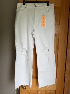 Risen Denim White Distressed Cropped Straight Leg Stretch Jeans Size 15/32 NWT thumbnail 2