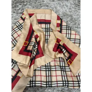 Vintage Plaid Square Scarf Tan Red Black Check Head Neck Wrap Equestrian Buckle thumbnail 6