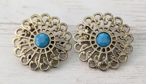 Vintage Clip On Earrings Ornate Gold Tone with Turquoise Tone Center Large thumbnail 1