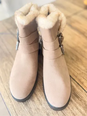 Universal Thread tan faux-suede double-buckle moto ankle boots feature a plush thumbnail 6