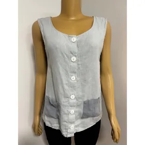 Aly Wear Womens Medium Blue 100% Linen Button Front Vest Top USA BOHO Earthy thumbnail 2