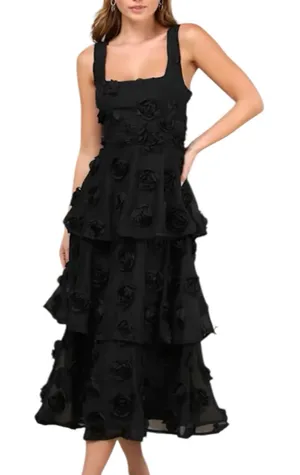 NWOT Lulus Exceptional Entrance Black Sleeveless Tiered Rosette Midi Dress Small thumbnail 1