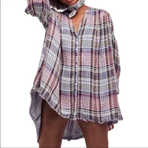 Free People Come On Over Plaid Top Oversized High Low Button‎ Front Blouse Small thumbnail 4