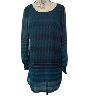Love Fire Womens Small Dress Teal Navy Blue Sheer Overlay Long Sleeve Tunic thumbnail 4