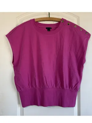 Ann Taylor Petite Shoulder Button Top Vibrant Pink Women's Large NWT thumbnail 2