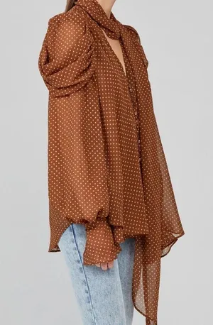 Revolve Acler Swansea Puff-Sleeve Polka-Dot Georgette Tie-Neck Top. Size 6 thumbnail 7