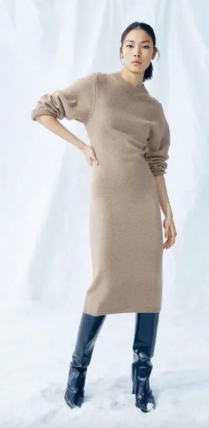 H&M Knitted Sweater Bodycon Dress Beige Long Sleeve S thumbnail 1
