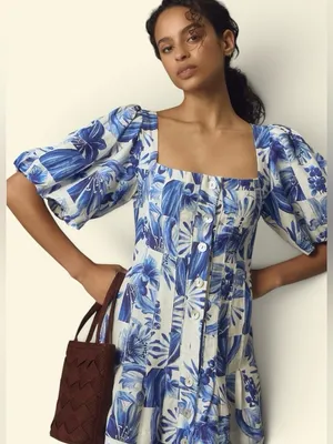 Farm Rio Garden Tiles Linen Puff Sleeves Mini Dress Size Large thumbnail 3