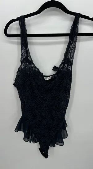 Victoria's Secret‎ Black Lace Bodysuit Womens M Ruffle Y2K Vintage Lingerie thumbnail 1