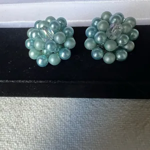 vintage 1950s-1960s cluster clip-on earrings, featuring blue faux pearl thumbnail 8