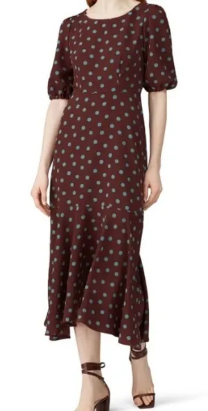 Bobeau Polka Dot Dara Midi Dress Puff Sleeve Ruffle Hem Burgundy Teal Size M thumbnail 1