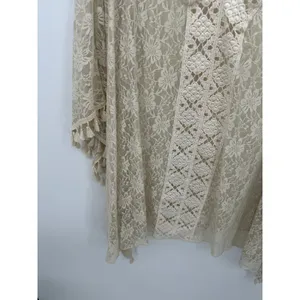 Cream Floral Lace Kimono Cover Up V-Neck Crochet‎ Tassel Fringe Plus Size Boho thumbnail 4