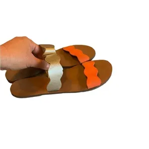J.Crew Scalloped gold Metallic orange Leather Sandals slides Resortwear Vacation thumbnail 6