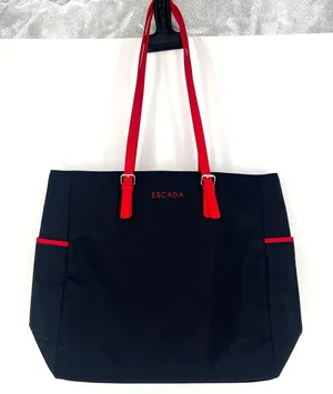 Escada Large Nylon Shopper Tote Black Red Shoulder Bag Travel Tote thumbnail 1